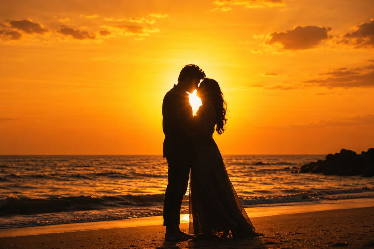 Couple silhouette at sunset on the beach
