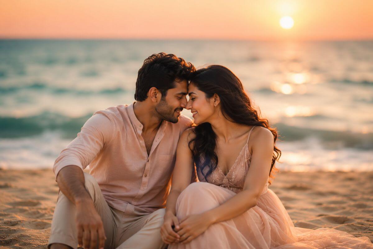 Couple sitting intimately on the sand