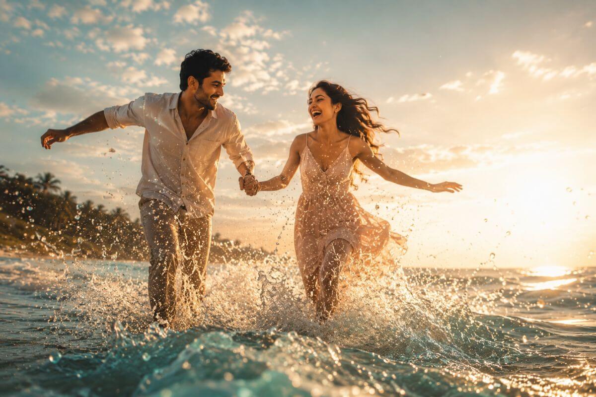 Couple playing in shallow beach water