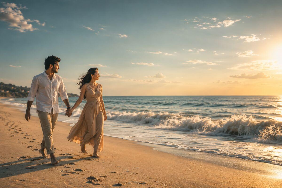 Couple walking barefoot on the beach