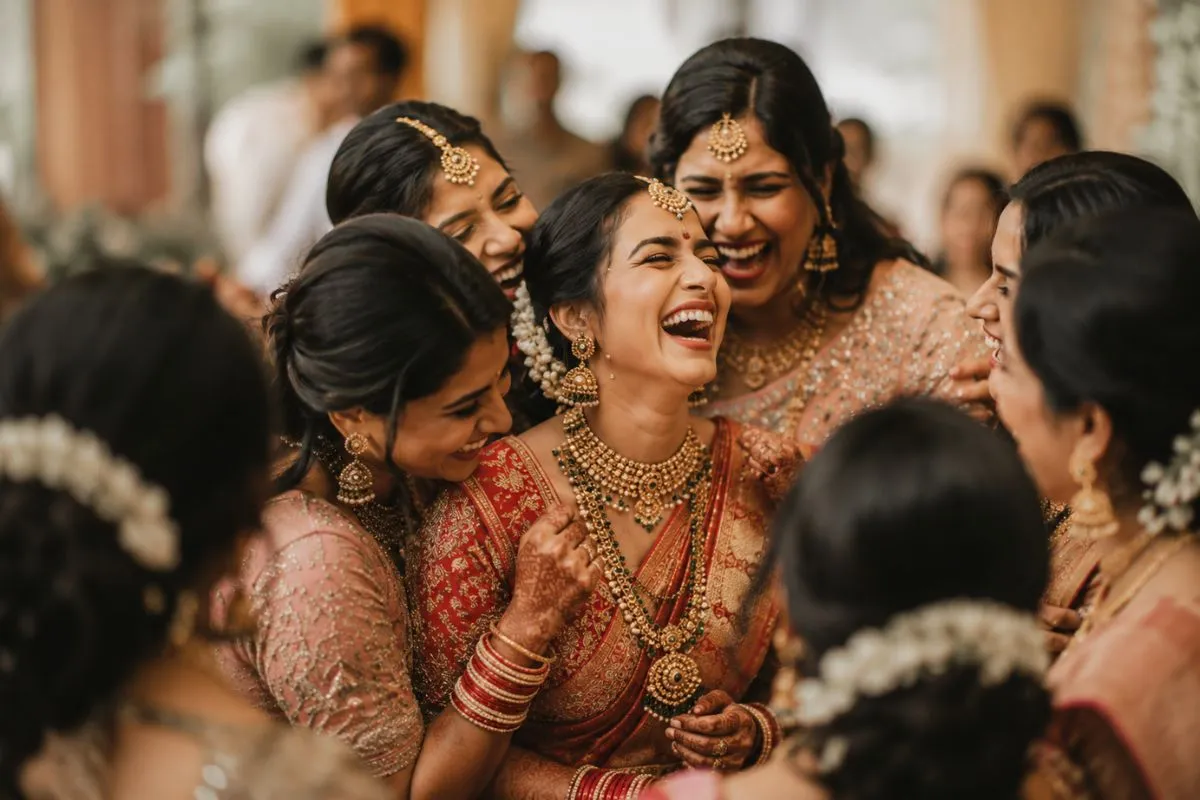 Candid moment of bride laughing with her bridesmaids in an unguarded emotional moment