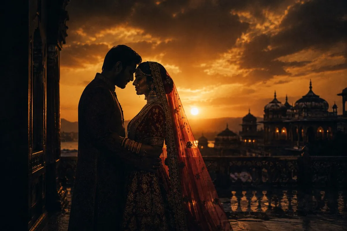 Cinematic silhouette of a couple at golden hour with deep shadows and rich moody colors