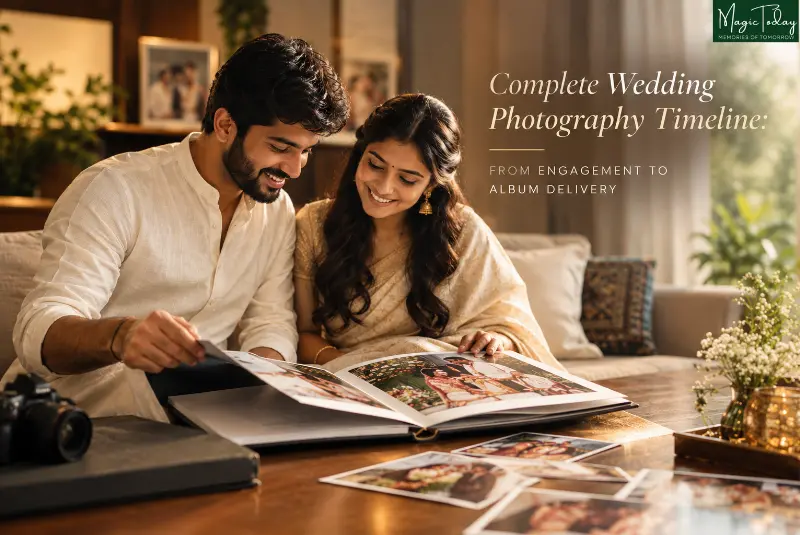 Complete wedding photography timeline from engagement to album delivery