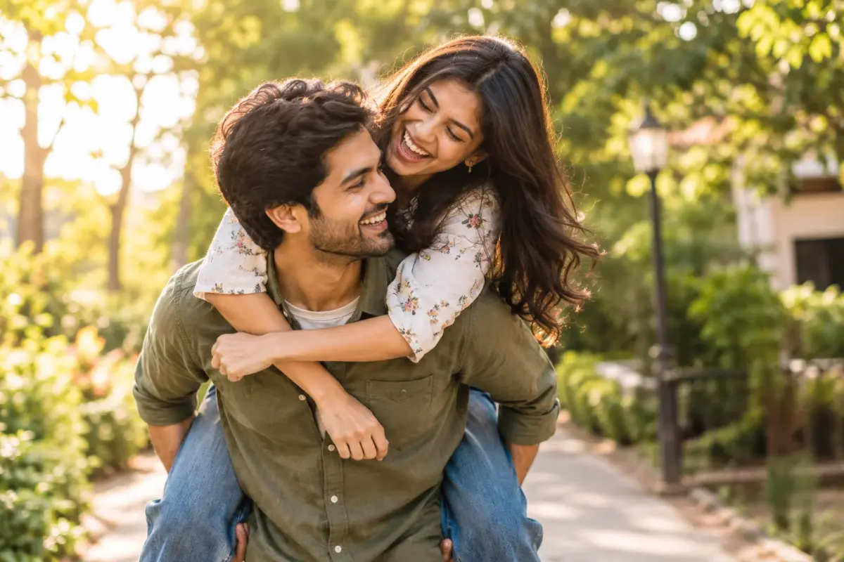 Couple laughing during a playful piggyback pose on a city street, looking candid and unposed