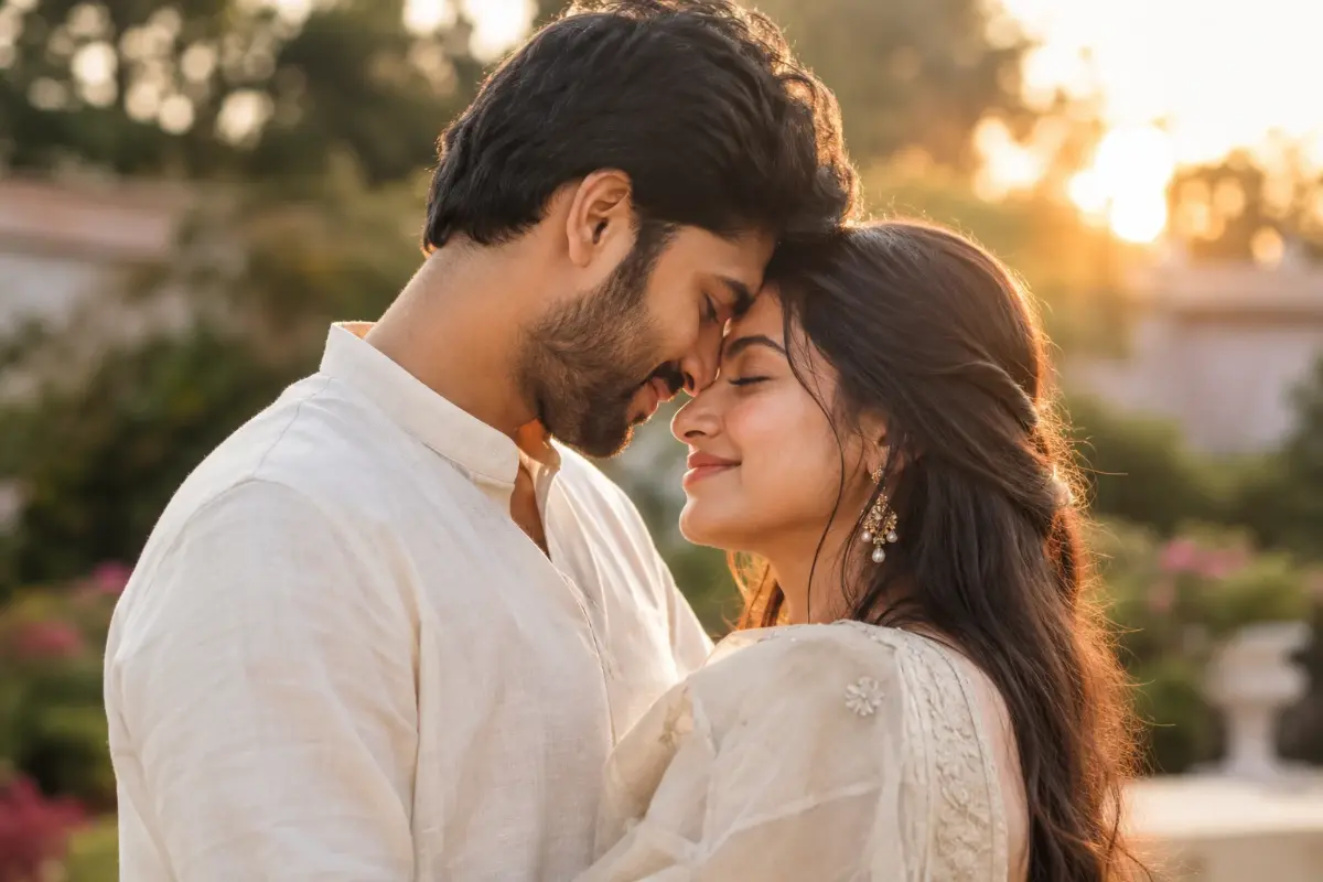 Couple in a forehead touch pose during golden hour, eyes closed, looking natural and relaxed