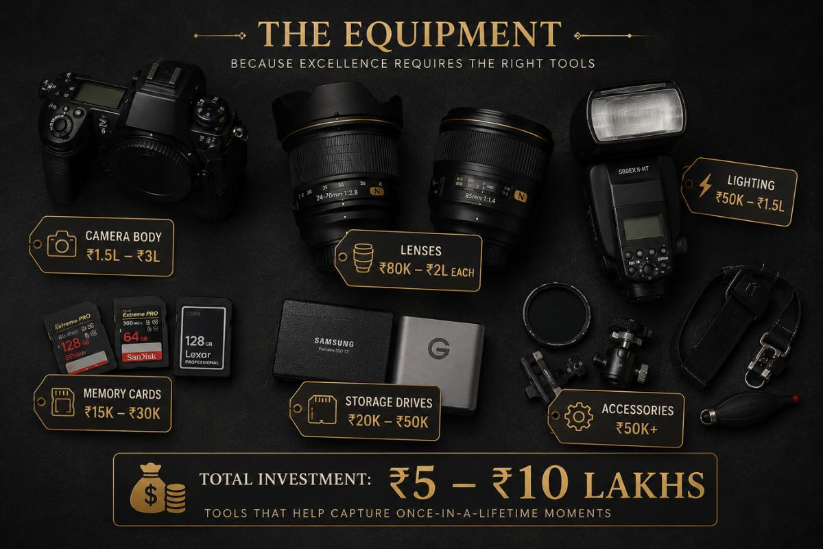 Professional wedding photography equipment cost breakdown showing camera bodies, lenses, lighting, and accessories worth ₹5-10 lakhs