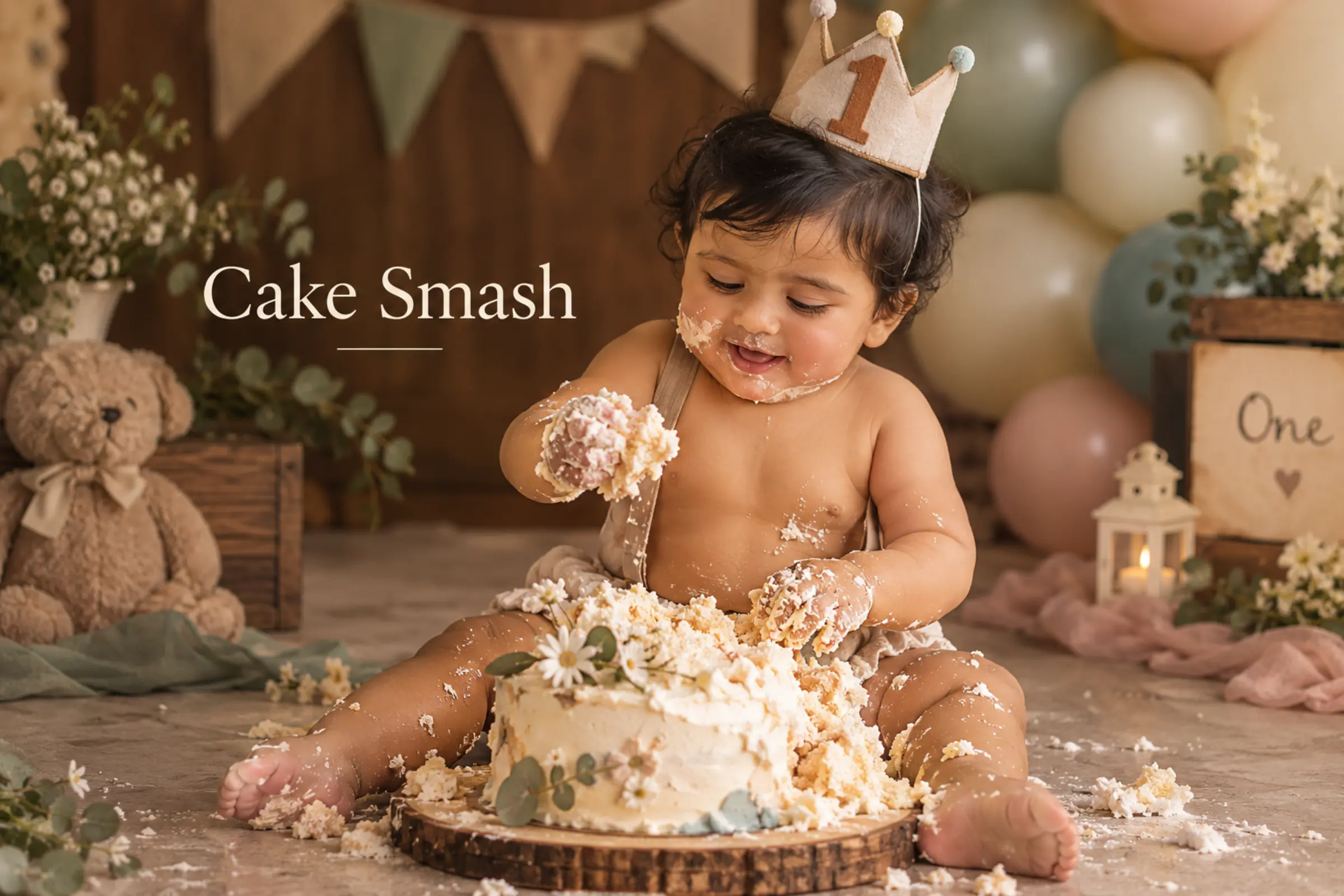 Cake smash photography at a first birthday session in Bangalore