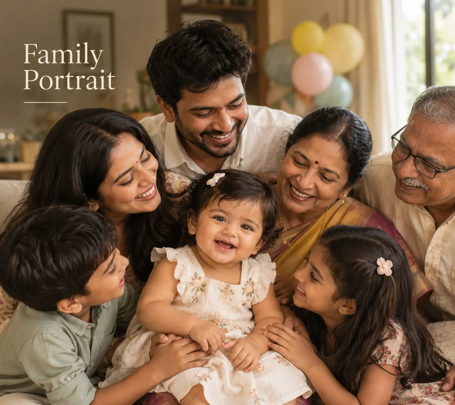 Family portrait during a first birthday photoshoot in Bangalore