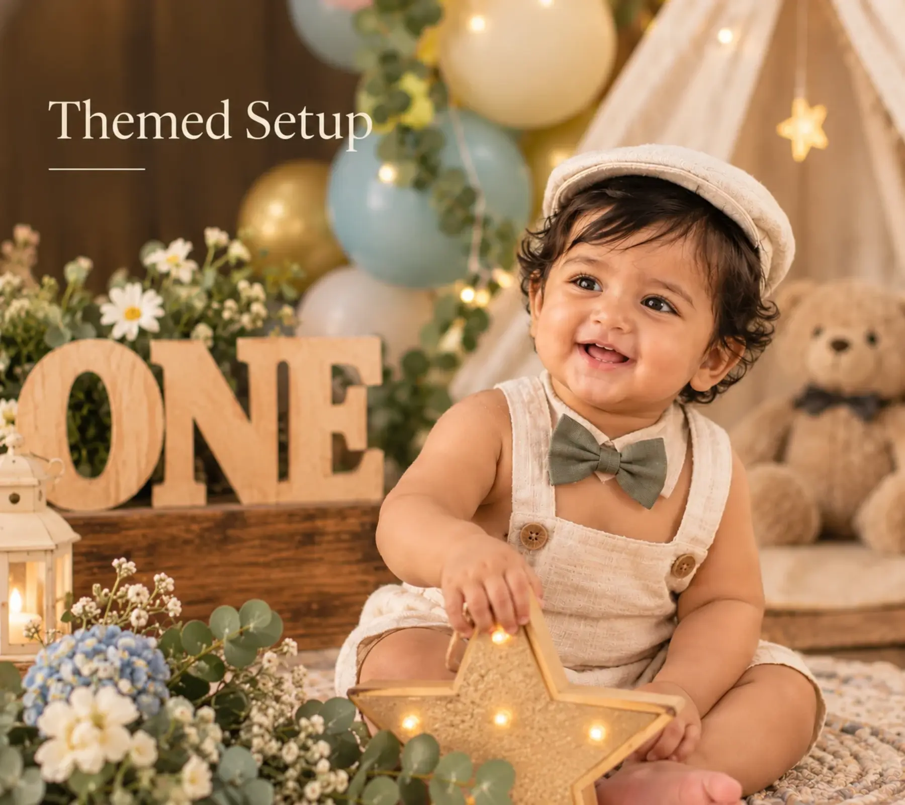 Themed first birthday setup with ONE sign in Bangalore