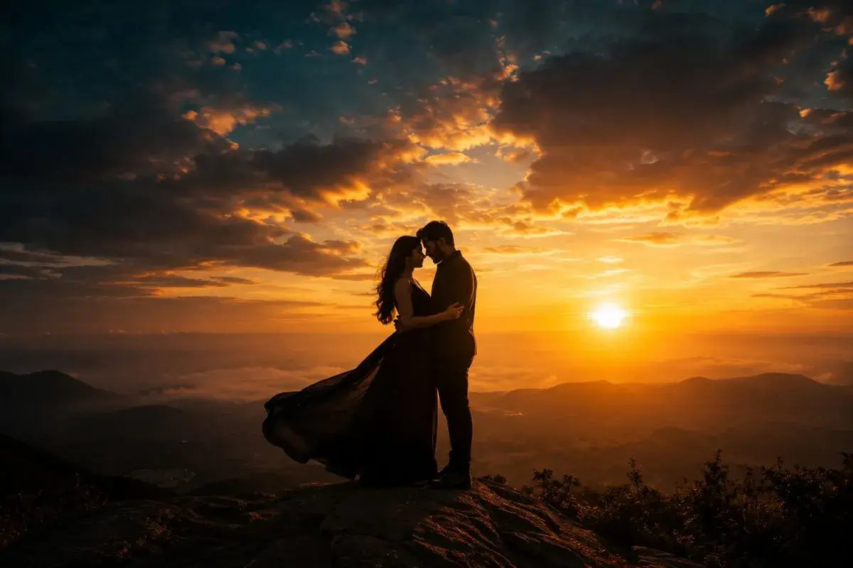 Golden hour pre-wedding shoot at Nandi Hills near Bangalore