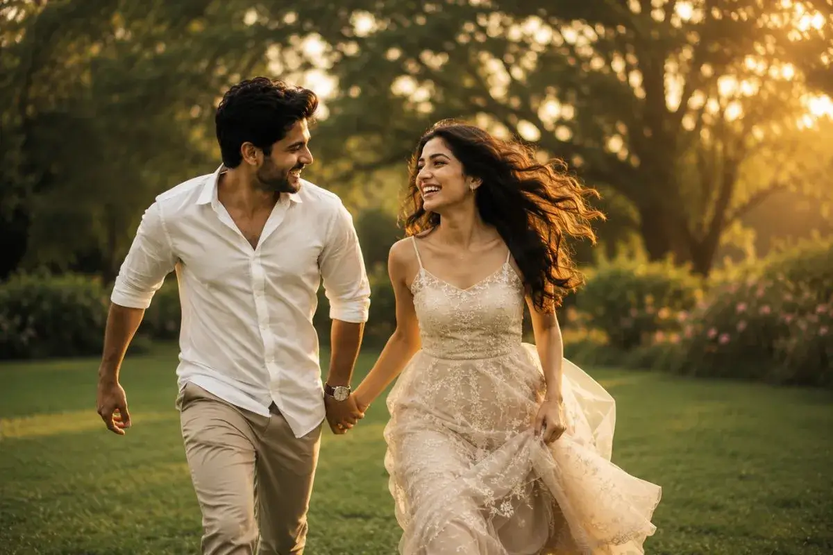 Pre-wedding couple walking together at a Bangalore resort