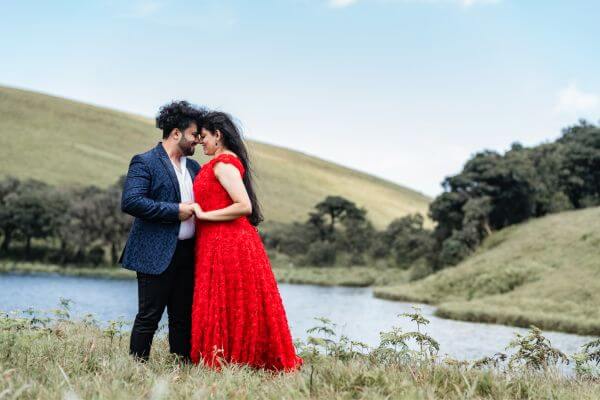 Blazer and gown pre-wedding photoshoot at a Bangalore lake at sunset