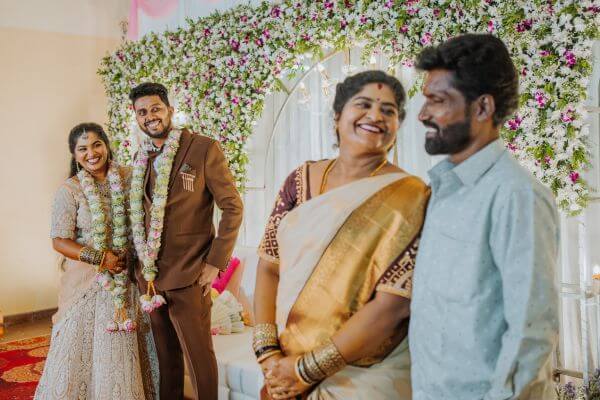 Wedding reception joy with parents captured in Basavanagudi, Bangalore
