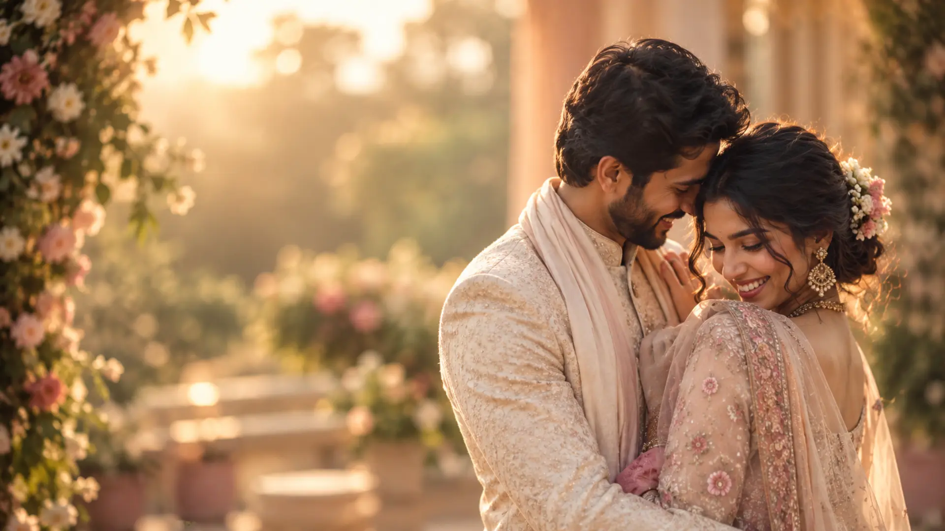 Candid wedding photography in Yelahanka Bangalore, couple embracing at golden hour