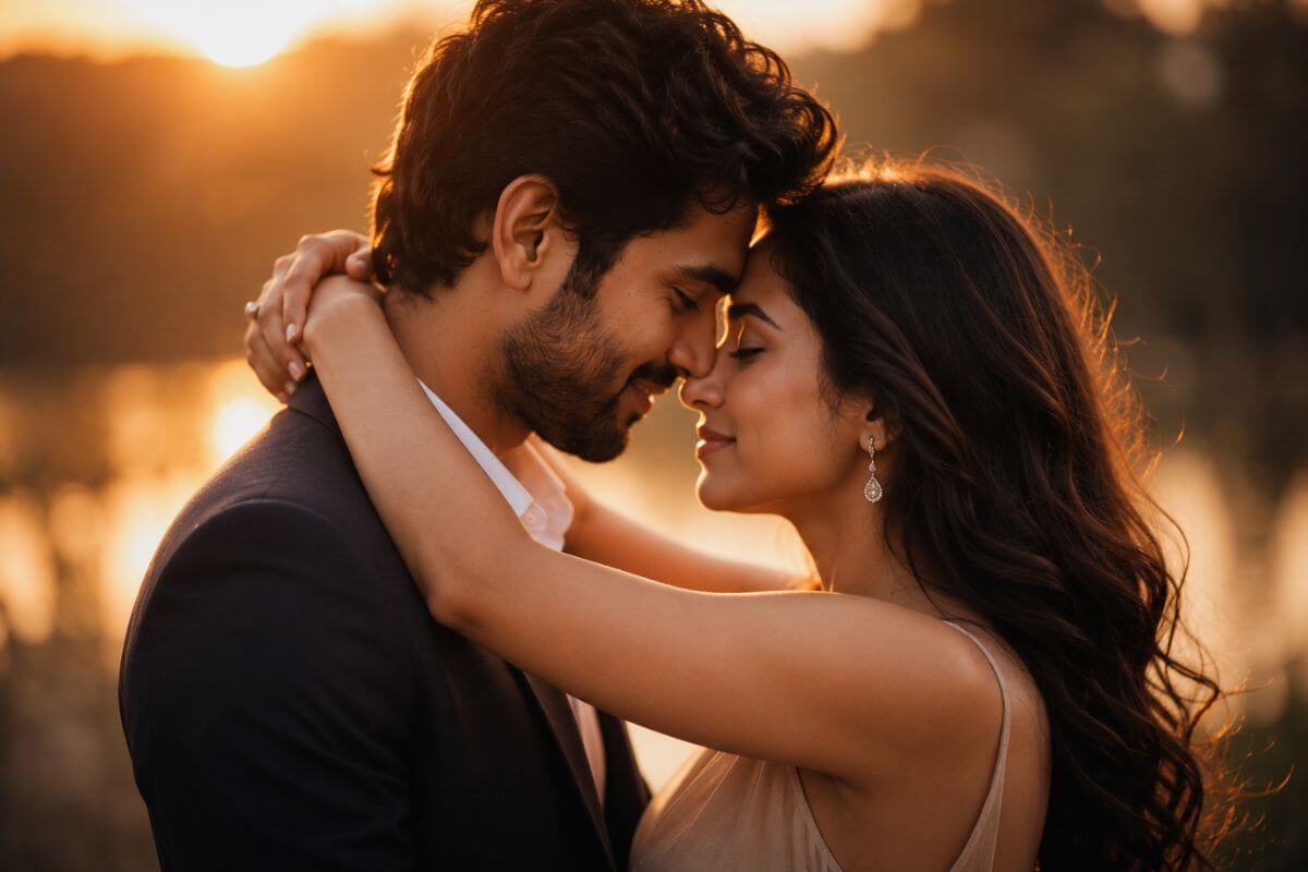 Couple embracing during golden hour