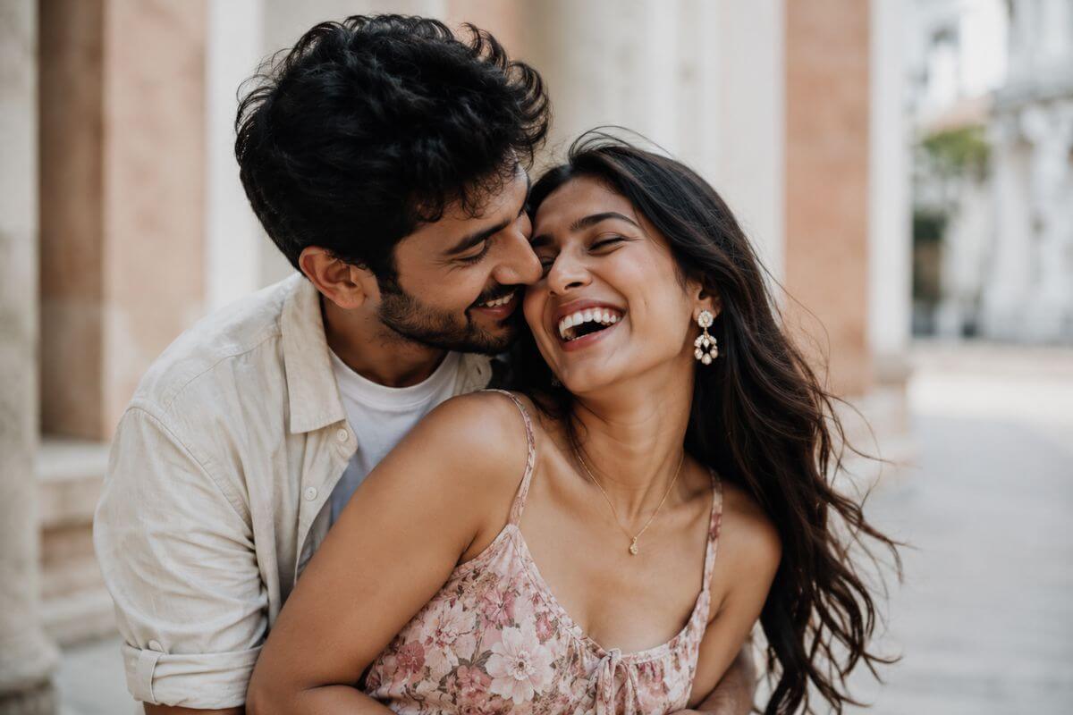 Couple laughing during a pre-wedding shoot