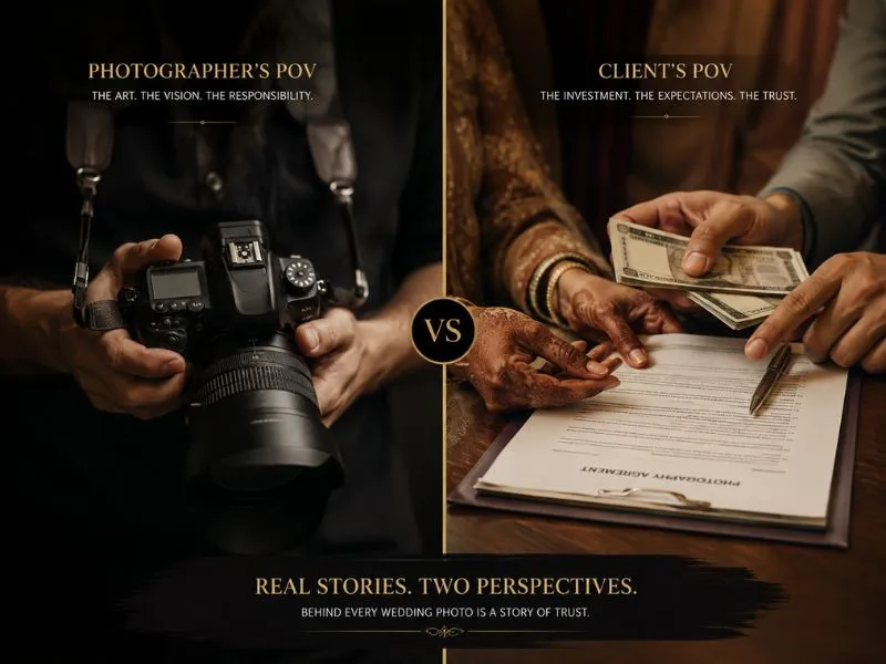Split image showing a photographer holding a camera on one side and a couple reviewing a contract on the other