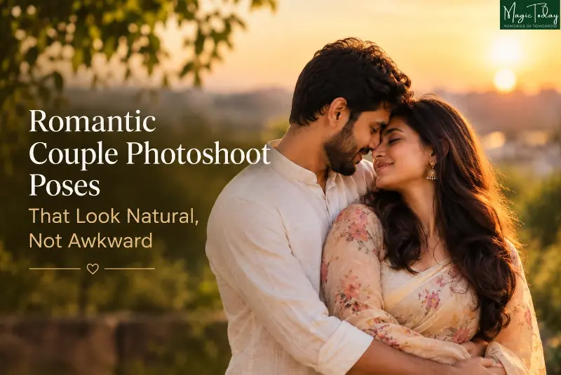 Romantic couple in a forehead touch pose during golden hour, looking natural and relaxed
