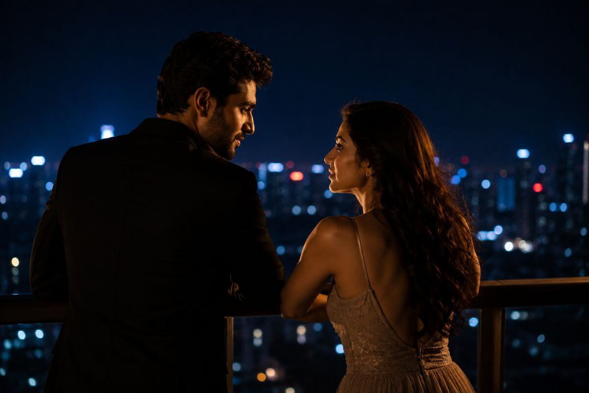 Couple gazing on a balcony with city view