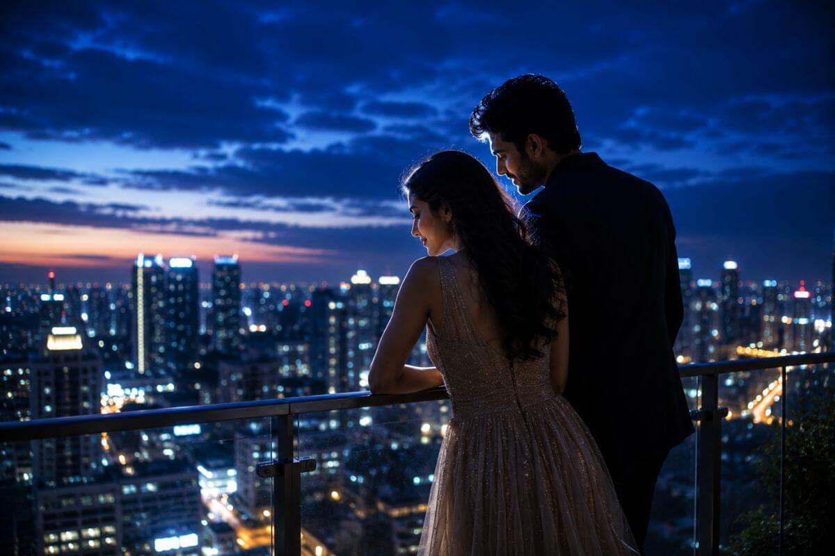 Blue hour rooftop pre-wedding with city lights