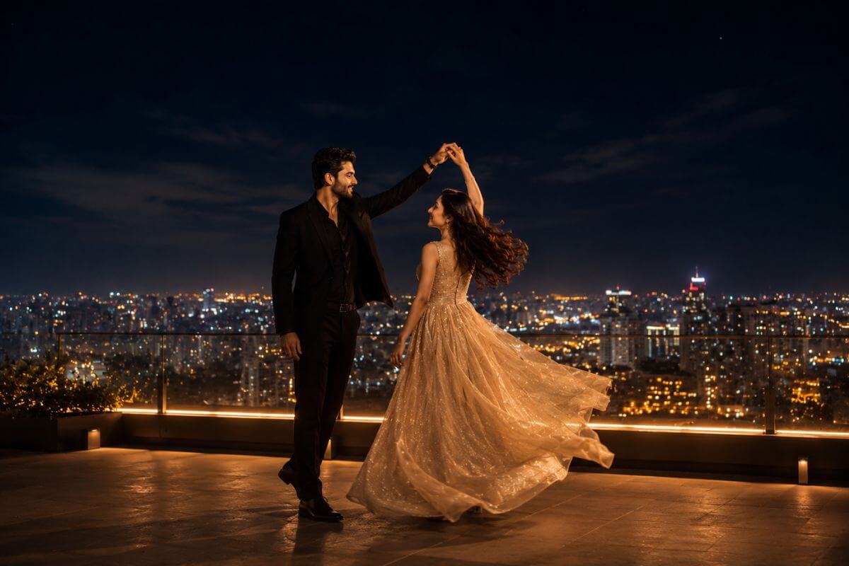 Couple dancing on a rooftop with city skyline