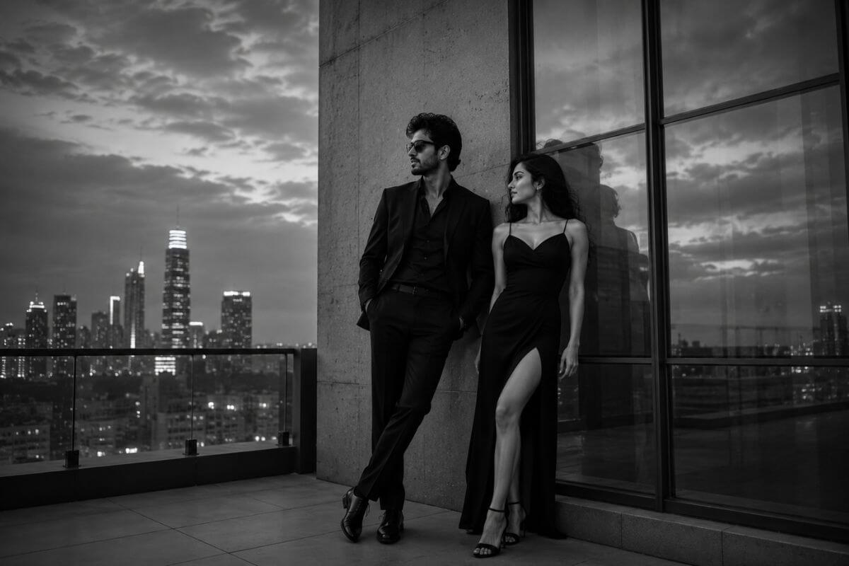 Monochromatic rooftop pre-wedding