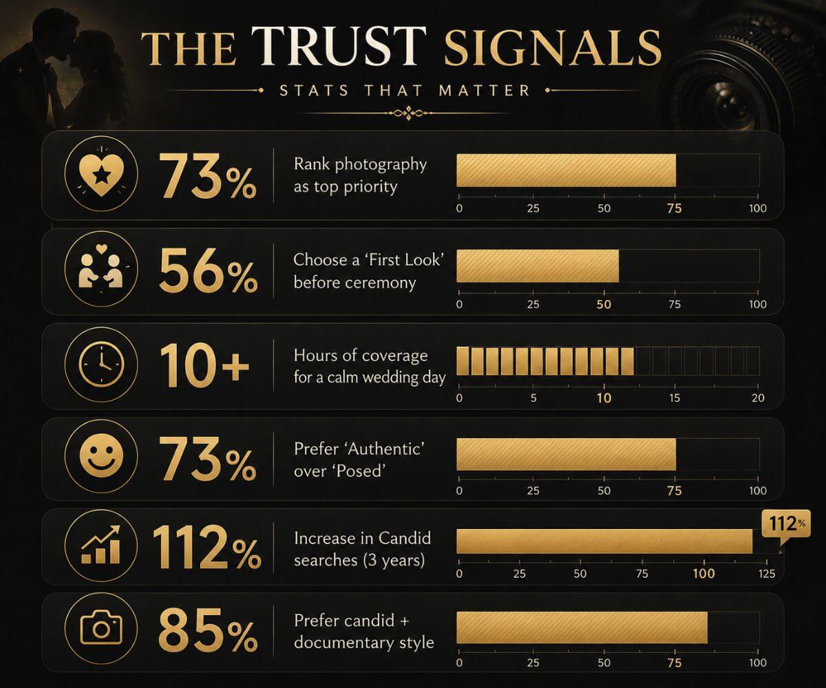 Wedding photography statistics infographic showing 73% top priority, 56% first look, 10+ hours coverage, 112% search growth, and 85% candid preference