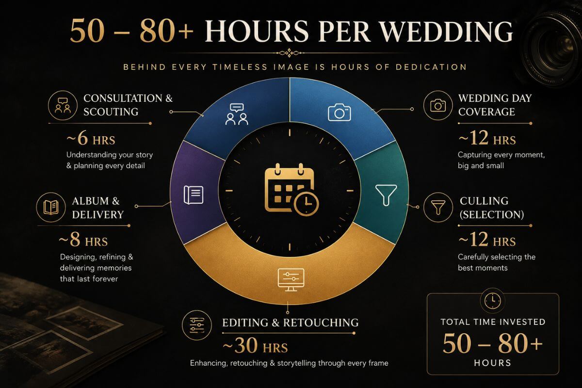 Wedding photography time breakdown showing 50-80+ hours of work including consultation, shooting, culling, editing, and album design