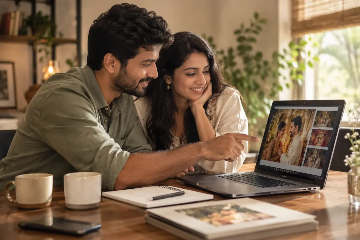 Couple reviewing wedding photographer portfolios and contracts at a desk