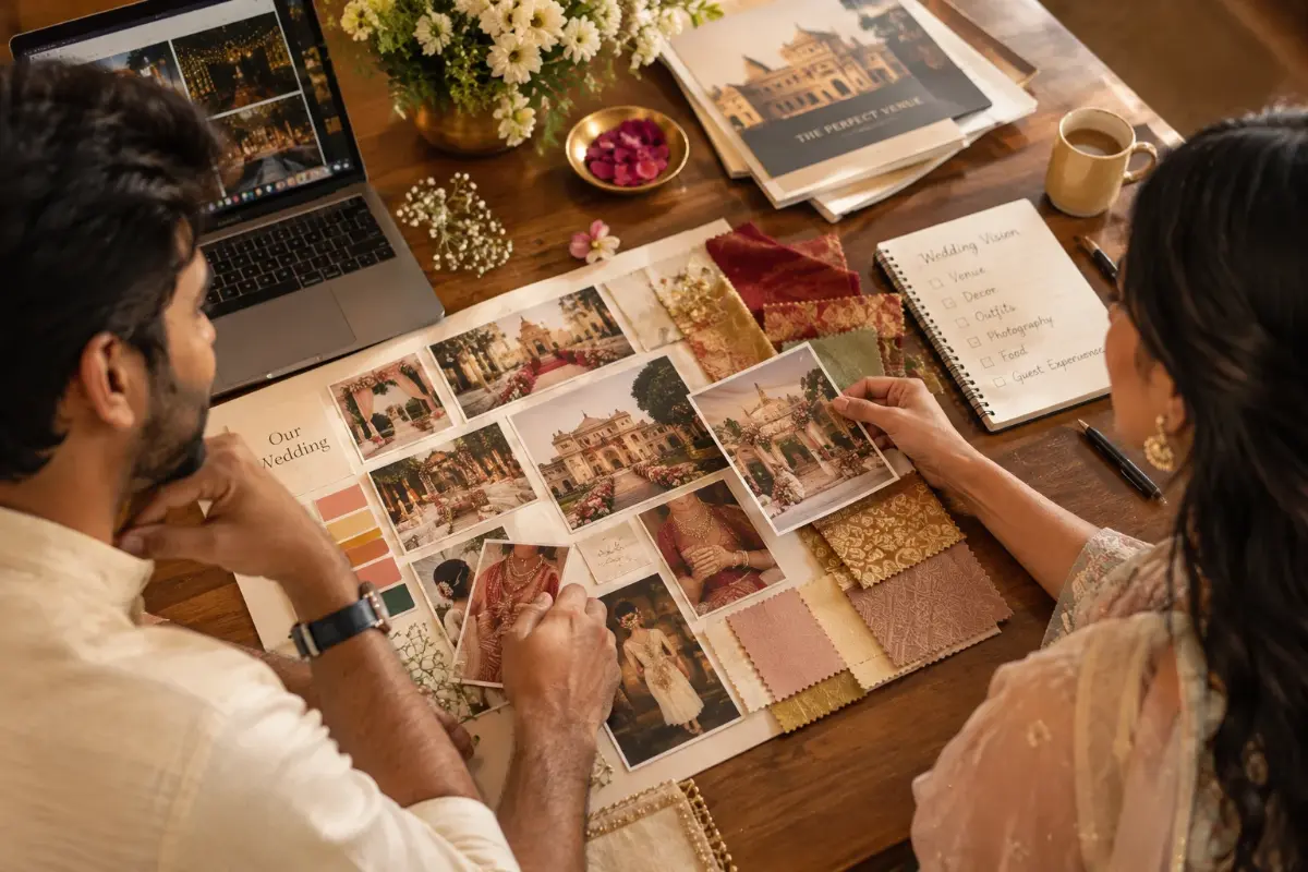 Couple creating a wedding mood board with fabric swatches and photo references
