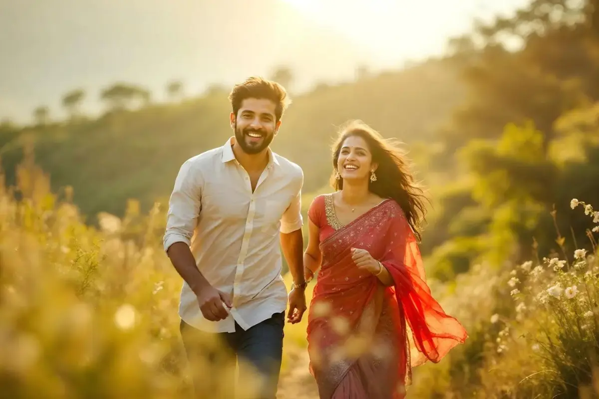 Couple during a pre-wedding photoshoot at golden hour with photographer directing from a distance