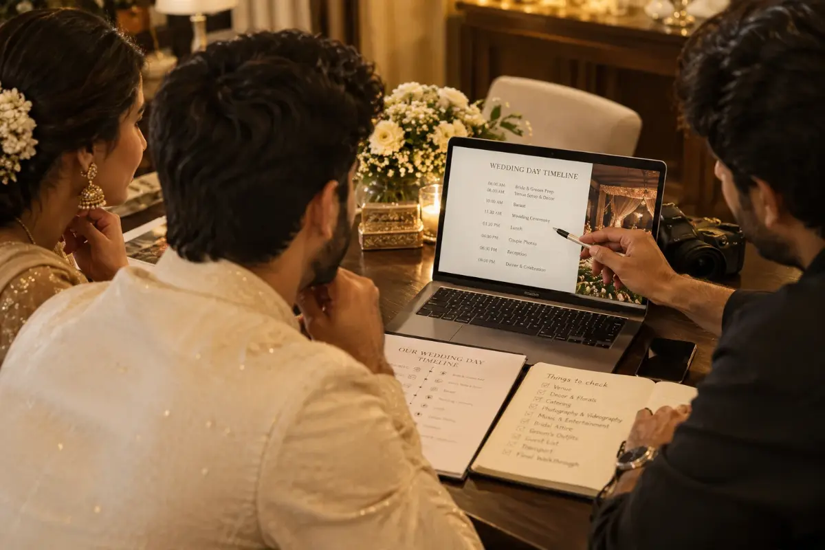 Couple reviewing a detailed wedding day schedule with their photographer