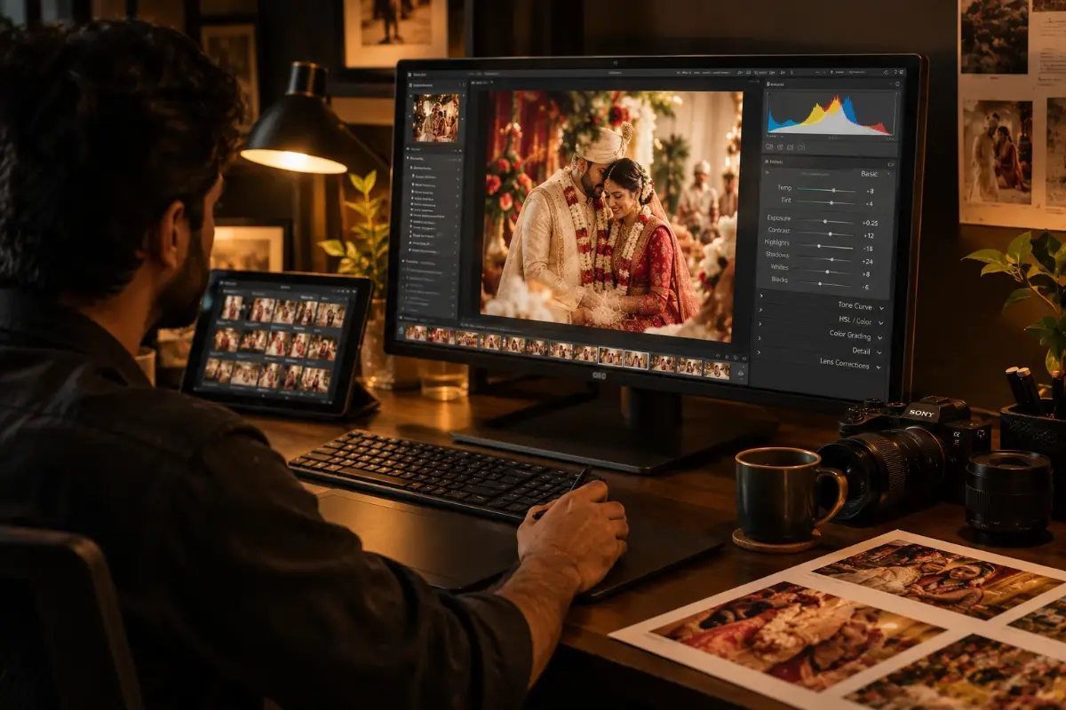 Photographer editing wedding photos on a large monitor with colour grading tools