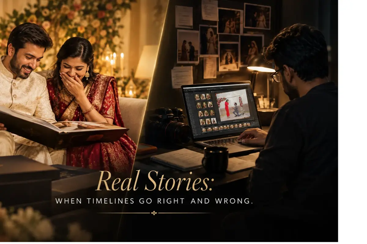 Split image showing a couple receiving their wedding album on one side and a photographer editing on the other
