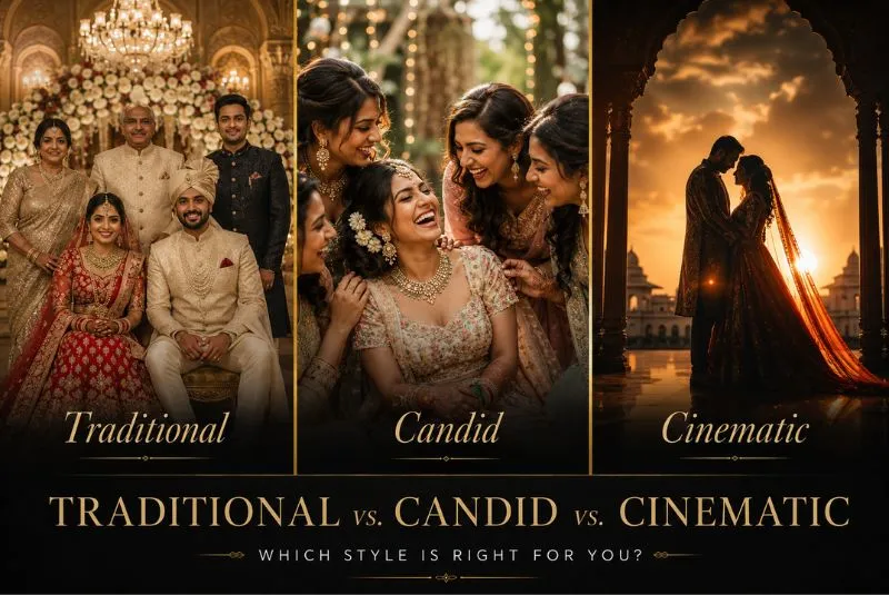 Traditional, candid and cinematic wedding photography styles side by side