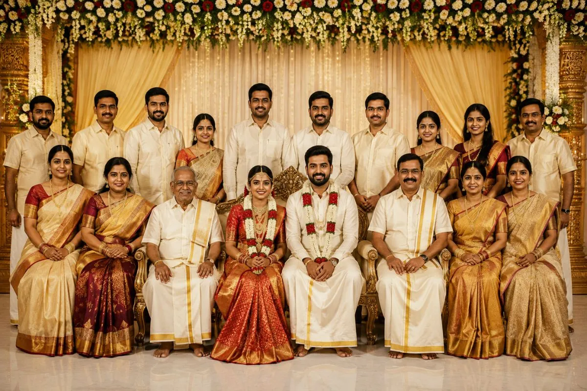 Traditional posed family portrait at an Indian wedding with the couple and relatives arranged formally