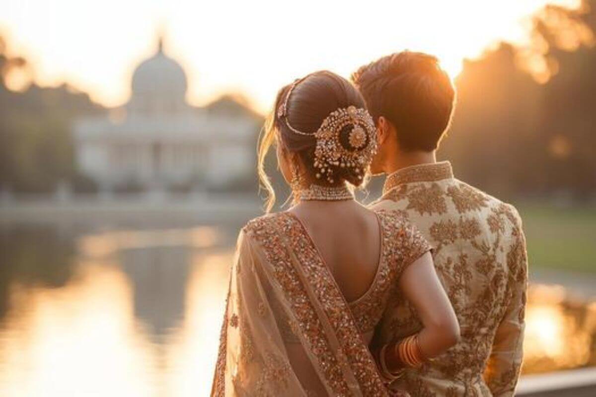 Couple walking hand in hand at sunset